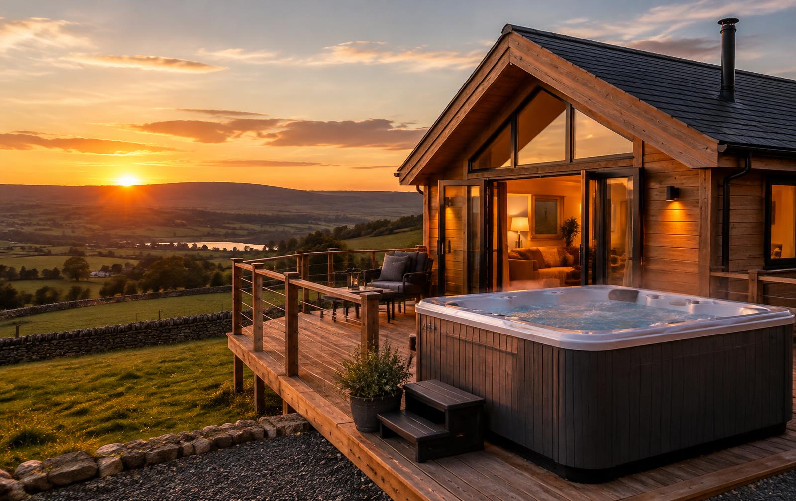 Wooden holiday cabin with a hot tub overlooking countryside at sunset