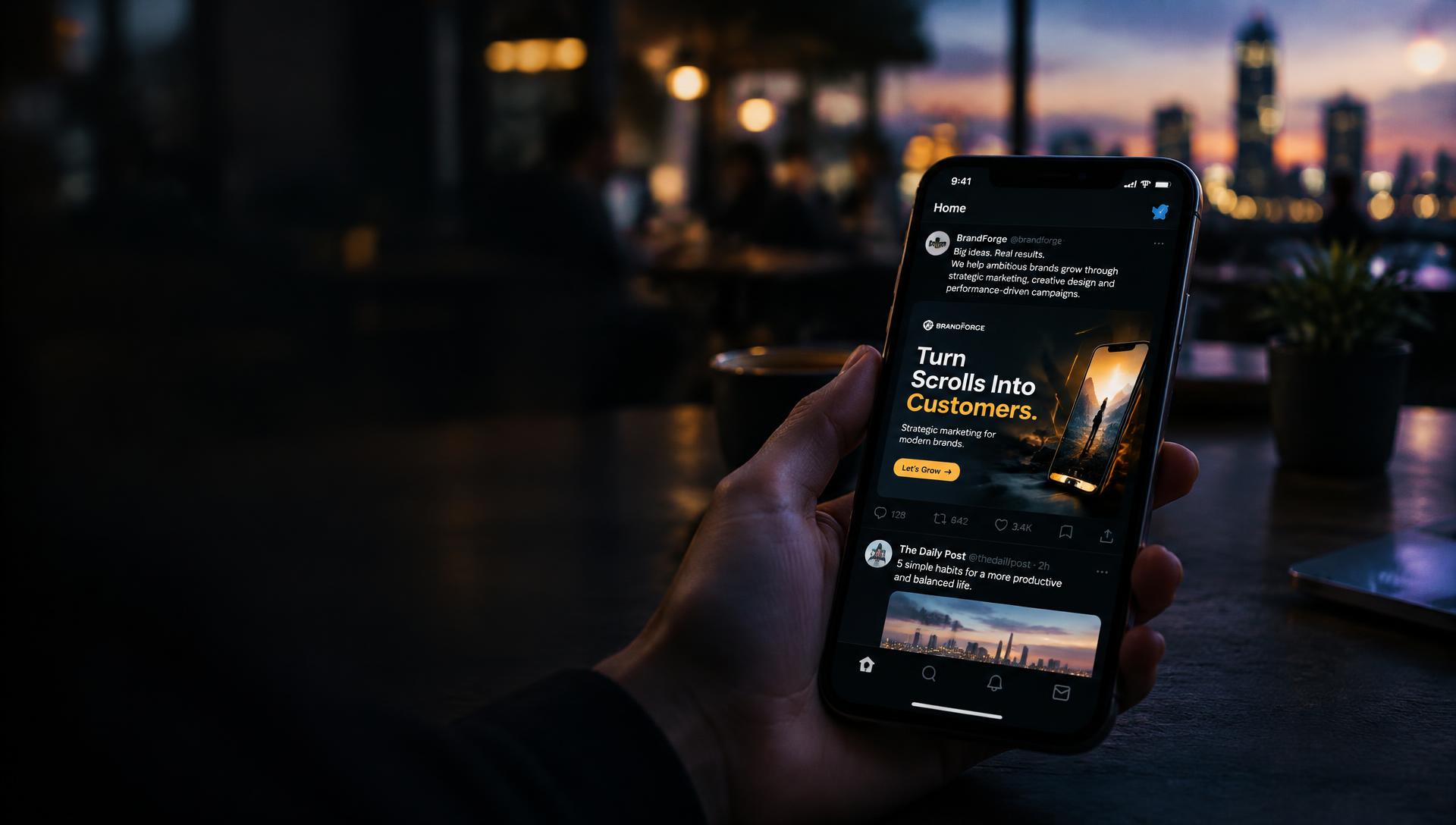 A phone showing a social media feed with a promotional advert